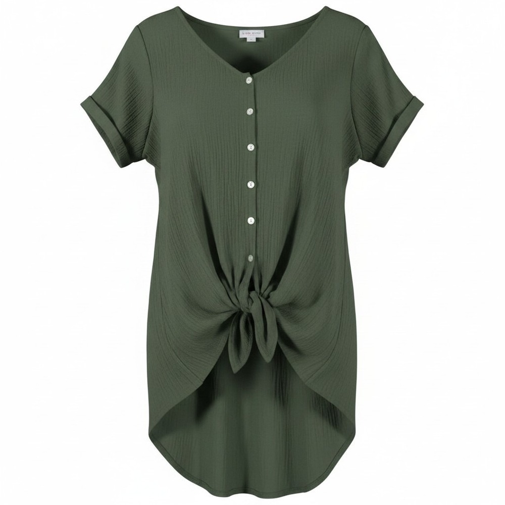 LuLaRoe Olive Green Textured Gauze Front Tie Button Up High Low Top Small
